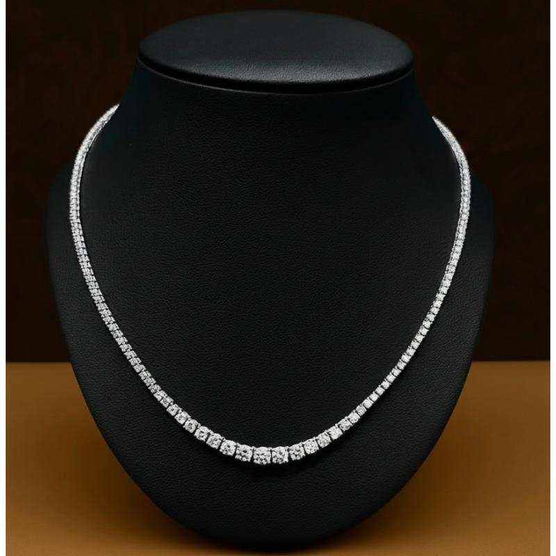 9.22 ct Natural Round Diamond Graduated Tennis Necklace, 18K White Gold